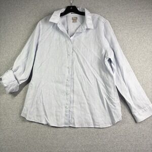Chicos 3 Linen Button Up Top Women's 16/18 Blue No Iron Coastal Roll Tab Sleeve